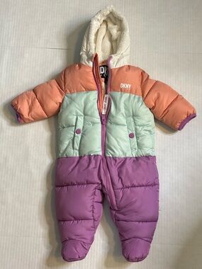 DKNY Jeans Peach, Mint & Purple Colorblock Infant Puffer zipper Snowsuit 3/6M